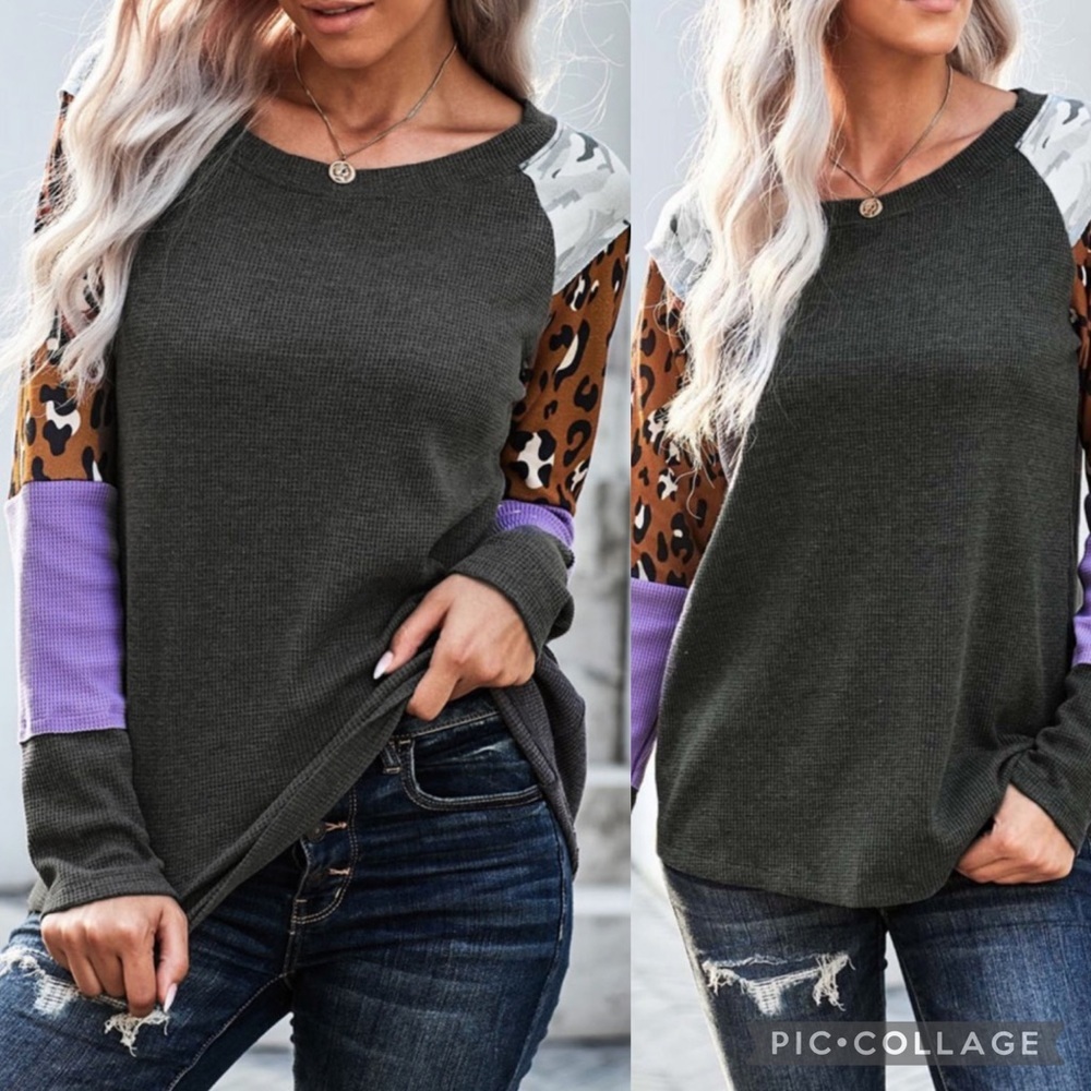 Gray MULTI PRINT COLOR-BLOCK SLEEVES WAFFLE KNIT TOP